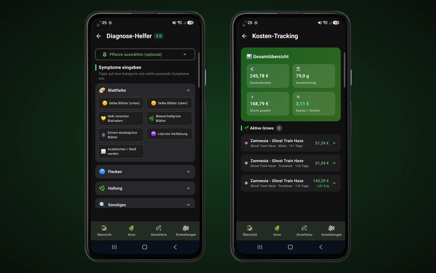 GrowTracker Android App: Diagnose-Helfer und Kosten-Tracking
