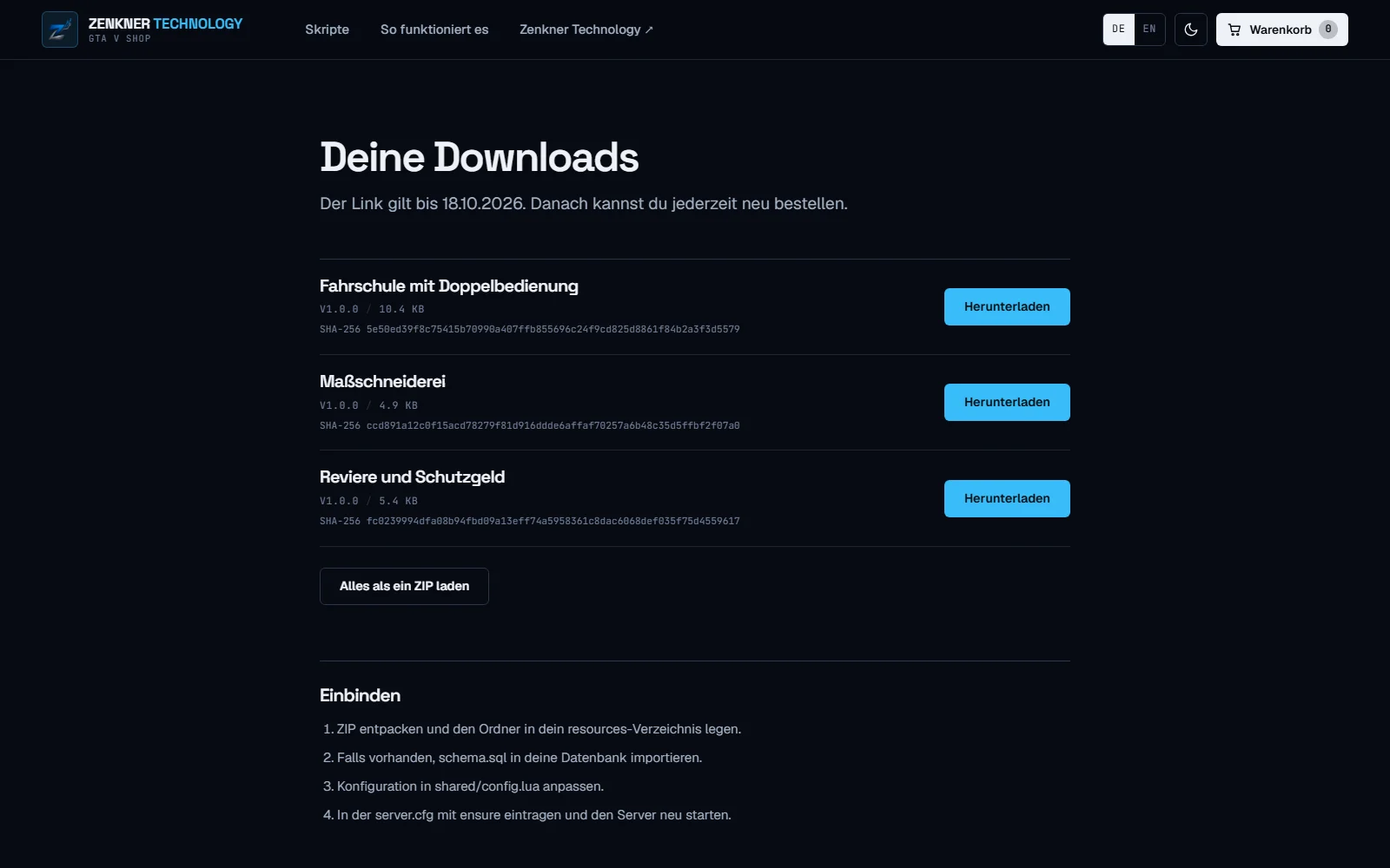 Download-Seite nach der Bestellung