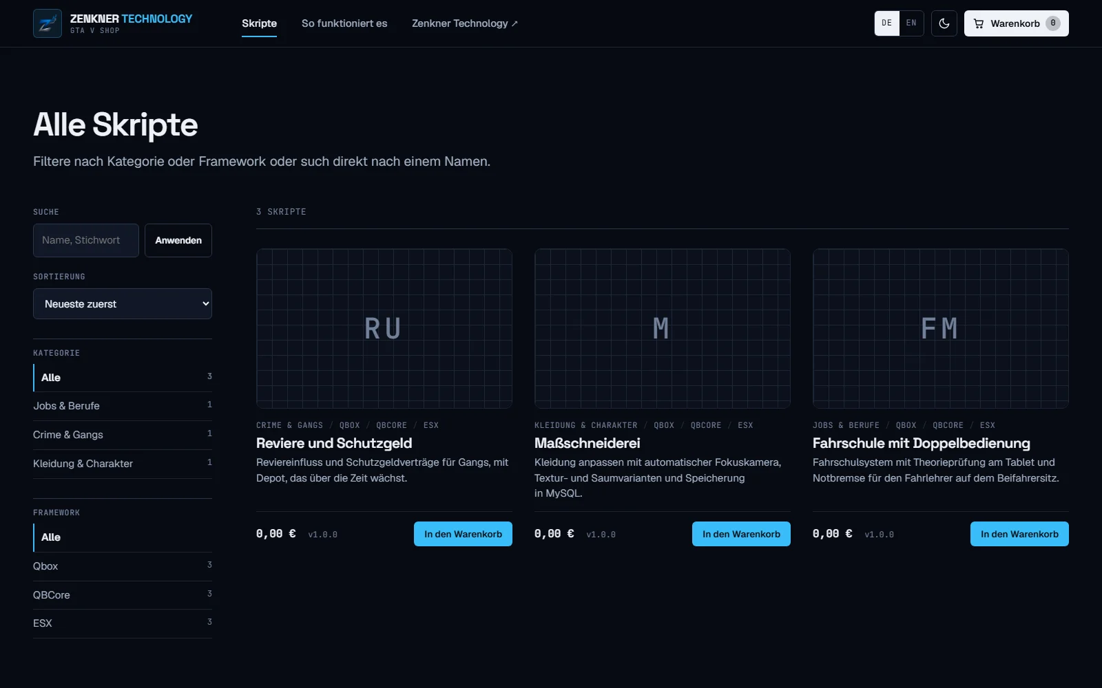 Katalog mit Filtern nach Kategorie und Framework