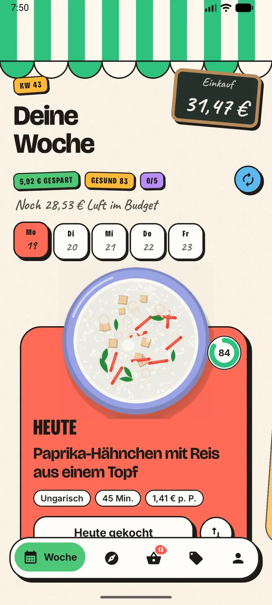 Wochenansicht mit Gericht des Tages, Kosten und Ersparnis
