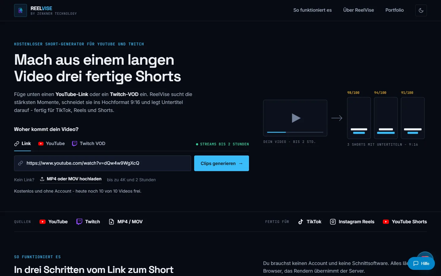 Videolink eingeben, drei Shorts erhalten