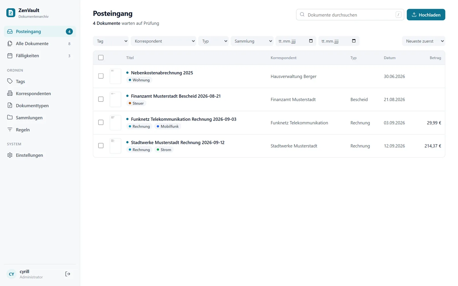 Posteingang: neue Dokumente sind erkannt, betitelt und zugeordnet